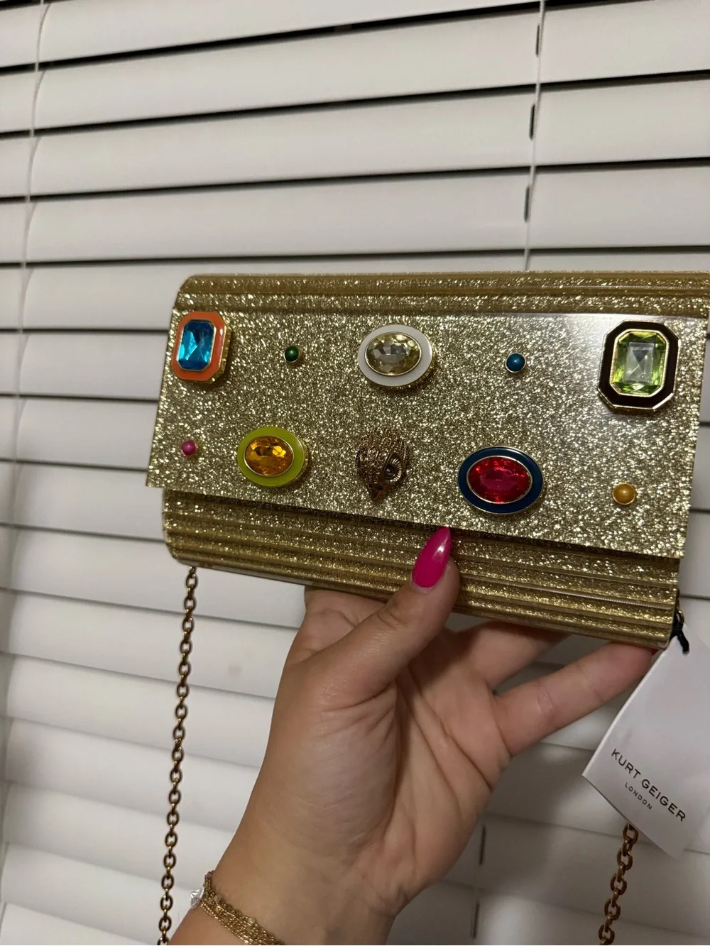 Kurt Geiger Gold Glitter Jeweled Chain Clutch